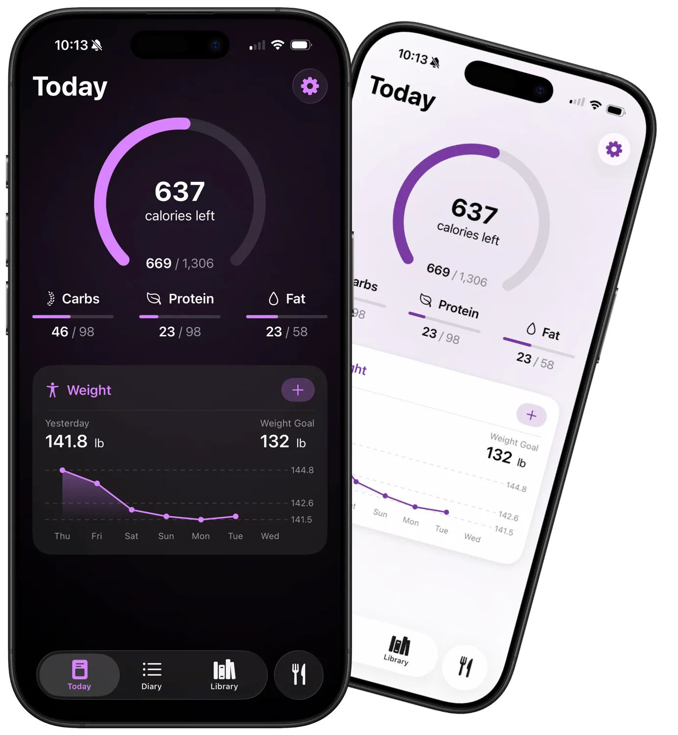 Nunch app dashboard showing calorie and macro tracking in both light and dark themes